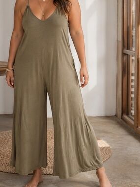 Joe Fresh 2X Olive Green Wide Leg Jumpsuit Boho Summer Lounge Romper Plus Size